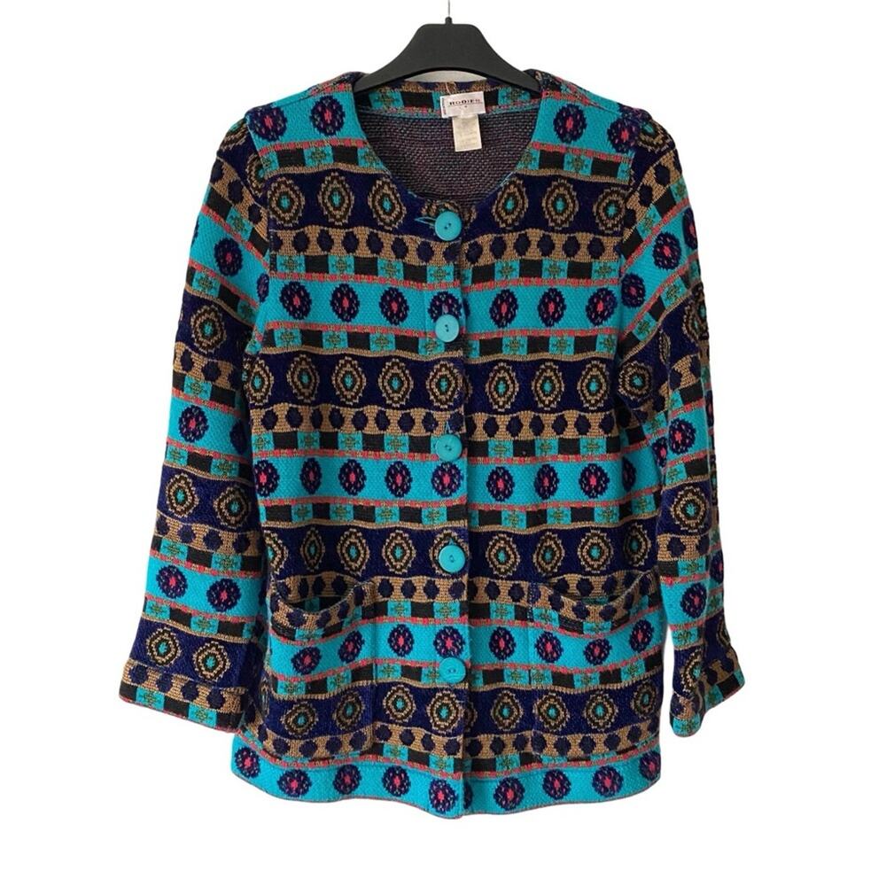Rodier Made in France Turquoise Blue Geometric Patterned Cardigan Sweater Medium